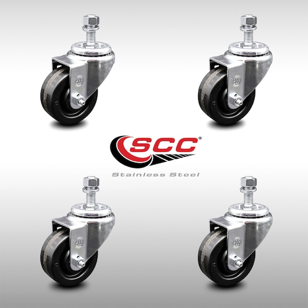 3 Inch SS Phenolic Wheel Swivel 10mm Threaded Stem Caster Set